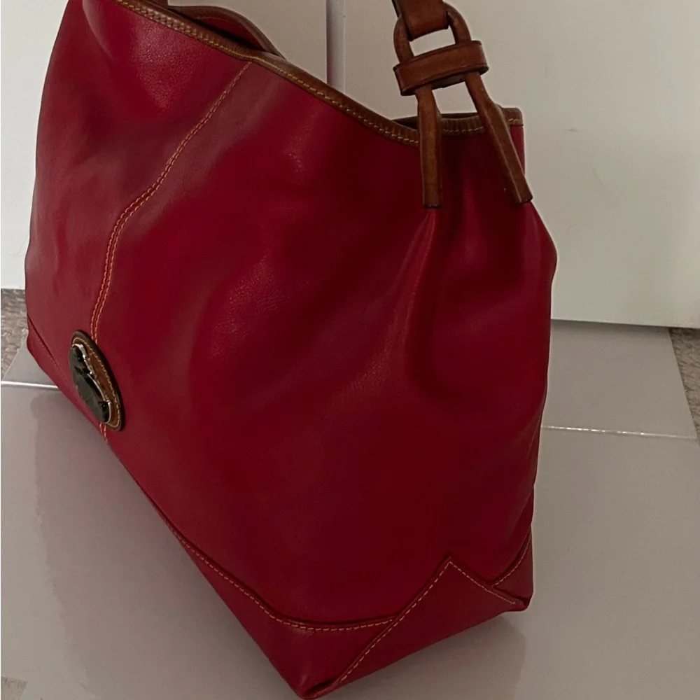 Dooney & Bourke Red Leather Hobo with Brown Trim
